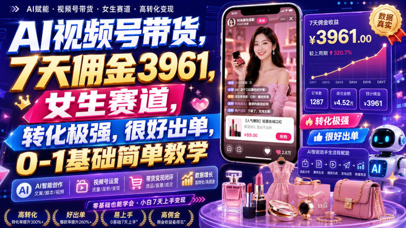 AI视频号带货，7天佣金3961，女生赛道，转化极强，很好出单，0-1基础简单教学-暮风云网创