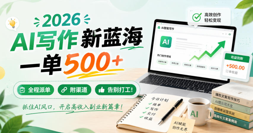 2026 AI写作新蓝海，一单500+，全程派单，附渠道，告别打工！【揭秘】-暮风云网创
