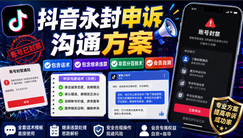 抖音永封申诉沟通方案，包含话术，包含继承违禁，非百分百技术，会员自测-自由人网创