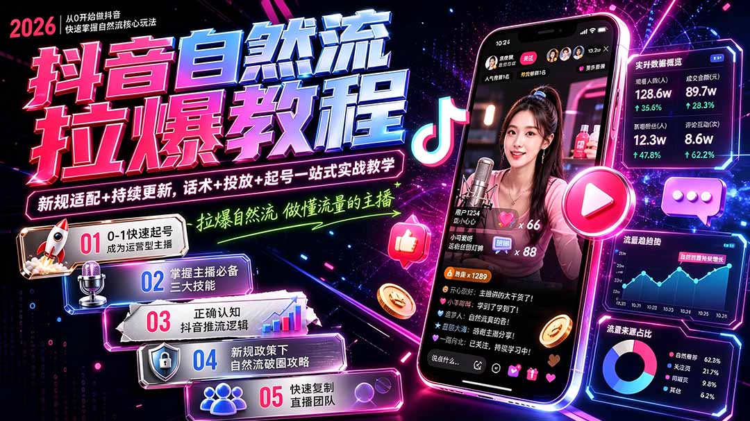 抖音自然流拉爆教程-更新8月：做懂流量的主播，新规适配+持续更新，话术+投放+起号一站式实战教学-自由人网创
