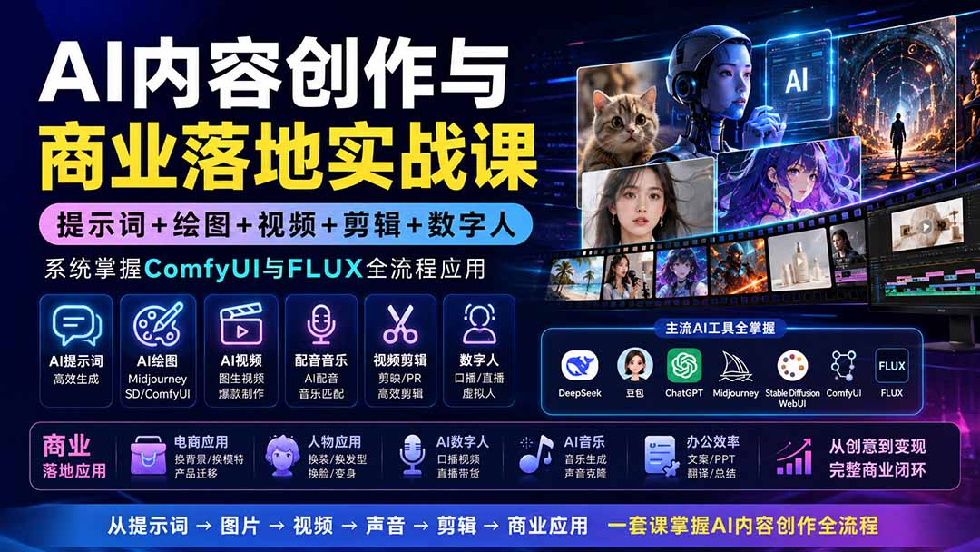 AI内容创作与商业落地实战课：提示词+绘图+视频+剪辑+数字人，系统掌握ComfyUI与FLUX全流程应用-暮风云网创