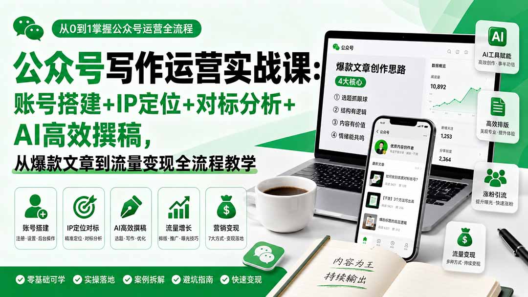 公众号写作运营实战课：账号搭建+IP定位+对标分析+AI高效撰稿，从爆款文章到流量变现全流程教学-暮风云网创
