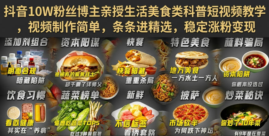 抖音10W粉丝博主亲授生活美食类科普短视频教学，视频制作简单，条条进精选，稳定涨粉变现-万利网