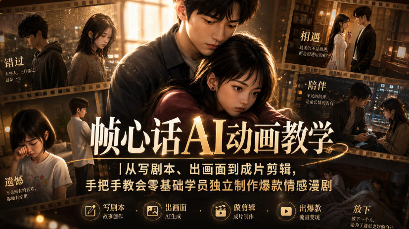 帧心话AI动画教学｜从写剧本、出画面到成片剪辑，手把手教会零基础学员独立制作爆款情感漫剧-白云资源网