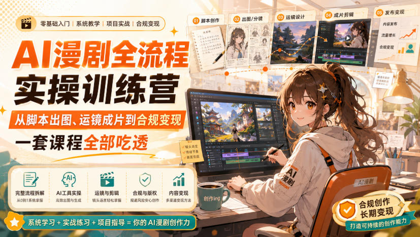 AI漫剧全流程实操训练营，从脚本出图、运镜成片到合规变现，一套课程全部吃透|平民创源网