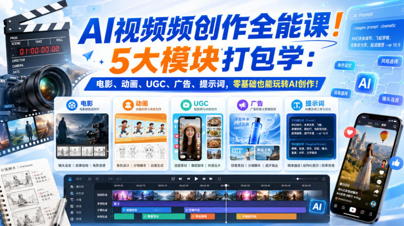 AI视频频创作全能课！5大模块打包学：电影、动画、UGC、广告、提示词，零基础也能玩转AI创作！【原创双语字幕】|平民创源网