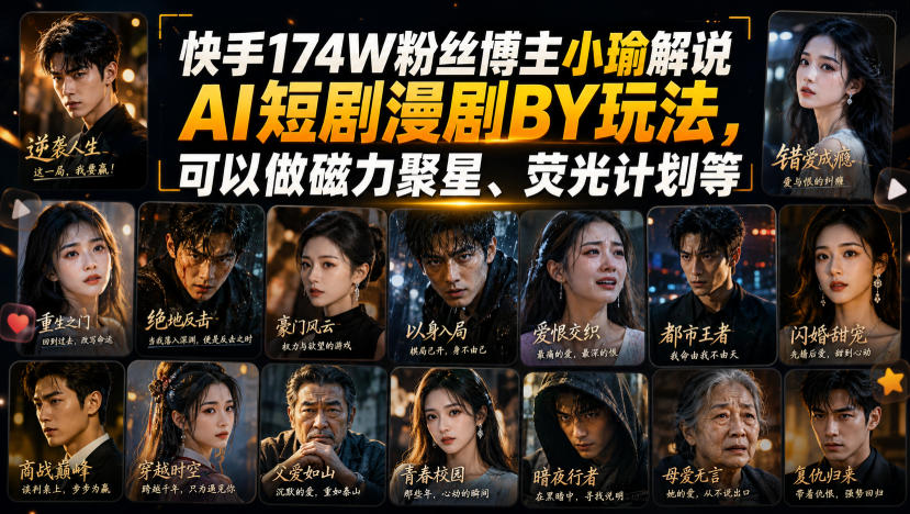 快手174W粉丝博主小瑜解说AI短剧漫剧搬运玩法，可以做磁力聚星、荧光计划等-优优云网创