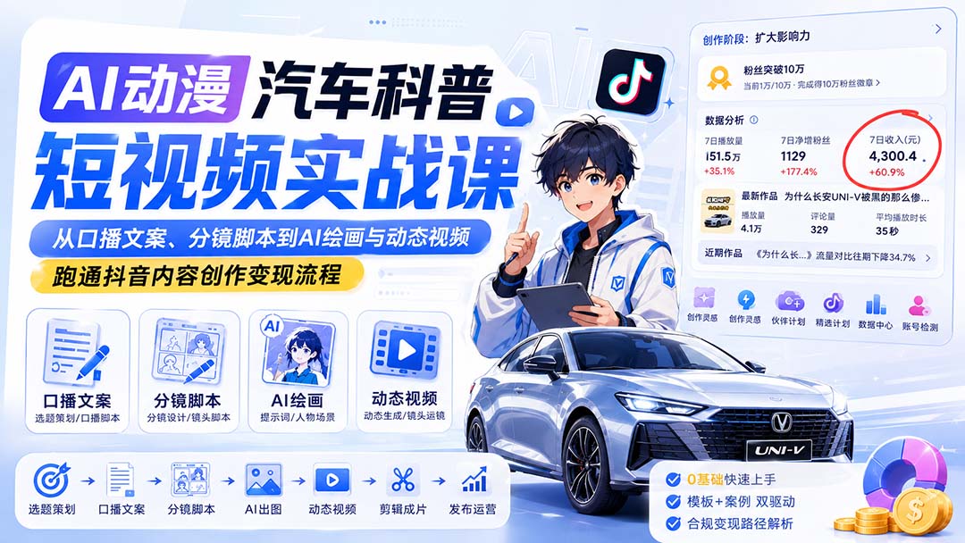 AI动漫汽车科普短视频实战课：从口播文案、分镜脚本到AI绘画与动态视频，跑通抖音内容创作变现流程-优优云网创