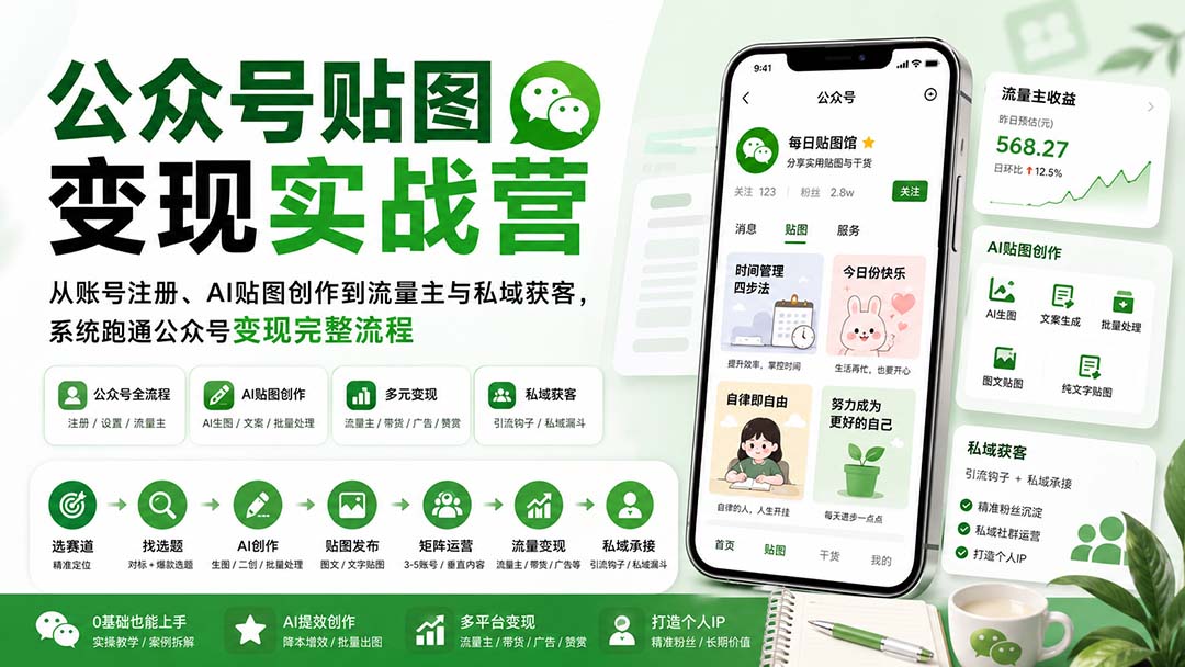 公众号贴图变现实战营：从账号注册、AI贴图创作到流量主与私域获客，系统跑通公众号变现完整流程-叶尘网络