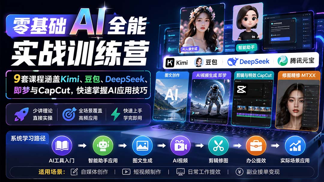 零基础AI全能实战训练营：9套课程涵盖Kimi、豆包、DeepSeek、即梦与CapCut，快速掌握AI应用技巧-优优云网创
