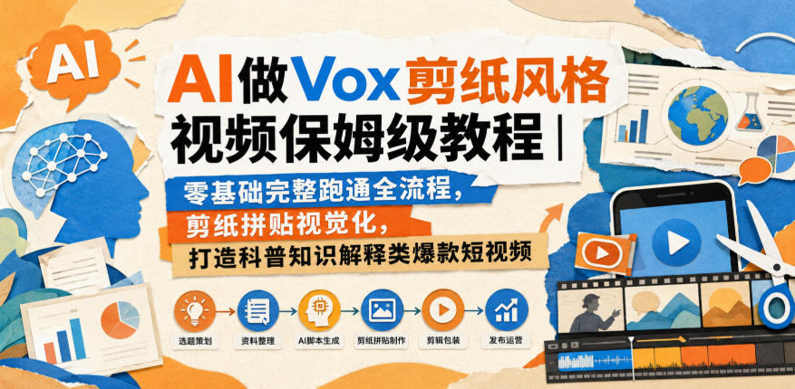 AI做Vox剪纸风格视频保姆级教程｜零基础完整跑通全流程，剪纸拼贴视觉化，打造科普知识解释类爆款短视频-优拓云网创