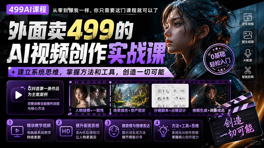 外面卖499的AI视频创作实战课：建立系统思维，掌握方法和工具，创造一切可能。-优优云网创