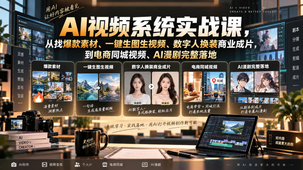 AI视频系统实战课，从找爆款素材、一键生图生视频、数字人换装商业成片，到电商同城视频、AI漫剧完整落地-飞盾网创