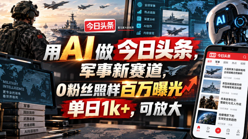 用AI做今日头条，军事新赛道，0粉丝照样百万曝光，单日1k+，可放大-飞盾网创