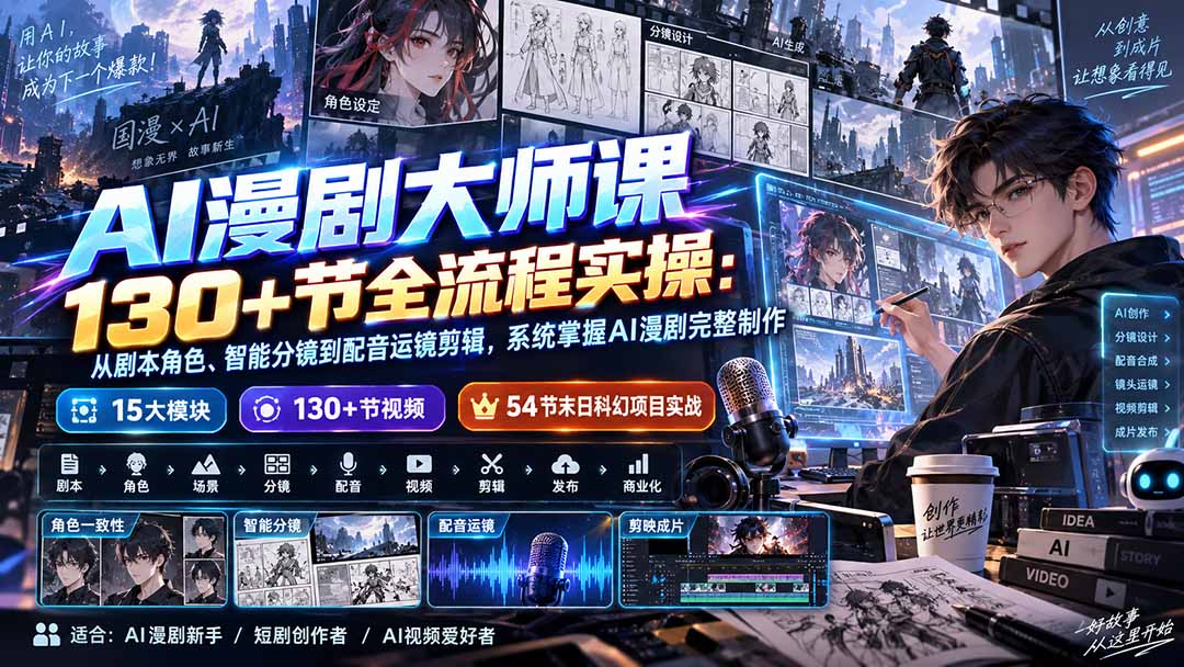 AI漫剧大师课130+节全流程实操：从剧本角色、智能分镜到配音运镜剪辑，系统掌握AI漫剧完整制作-青禾云网创