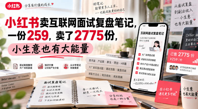 小红书卖互联网面试复盘笔记，一份259，卖了2775份，小生意也有大能量-优易云