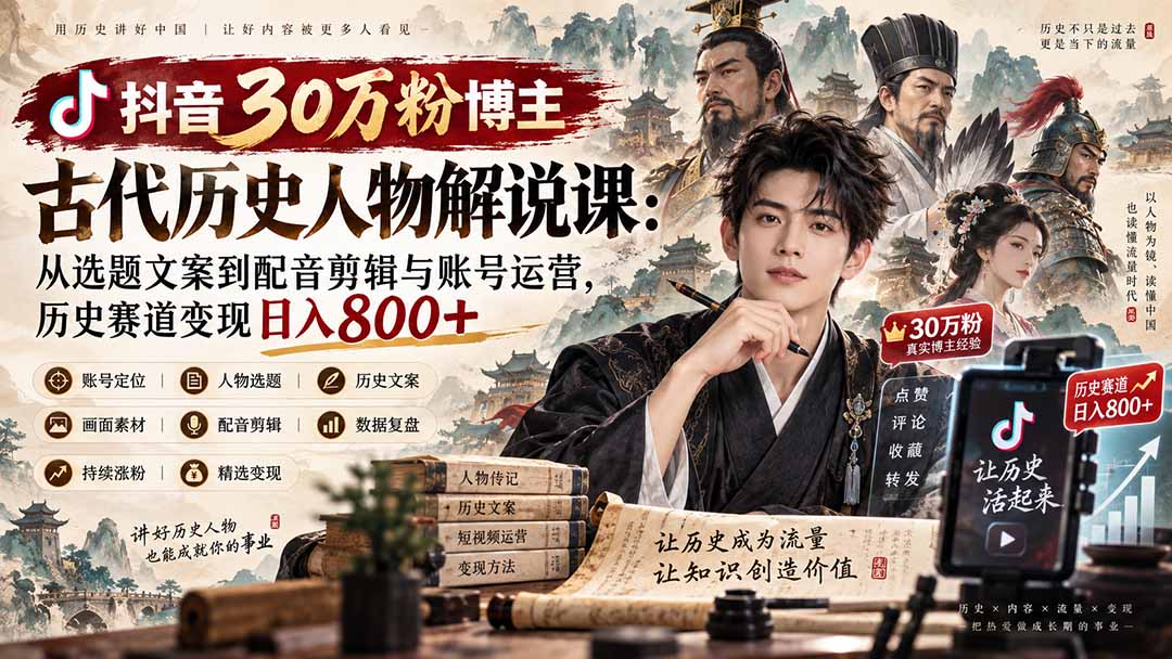 抖音30万粉博主古代历史人物解说课：从选题文案到配音剪辑与账号运营，历史赛道变现日入800+-万泉云网创