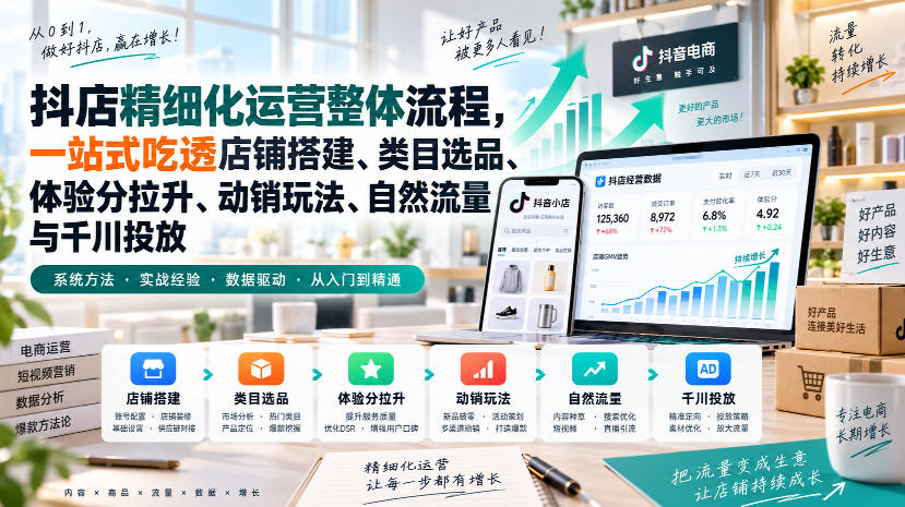 李哥电商-抖店精细化运营整体流程，一站式吃透店铺搭建、类目选品、体验分拉升、动销玩法、自然流量与千川投放-咕噜鱼网创