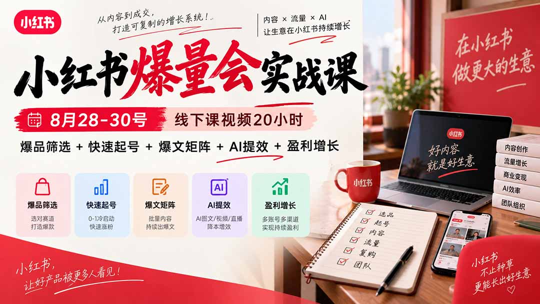 小红书爆量会实战课-更新9月17：线下课视频20小时，爆品筛选+快速起号+爆文矩阵+AI提效+盈利增长-云网创