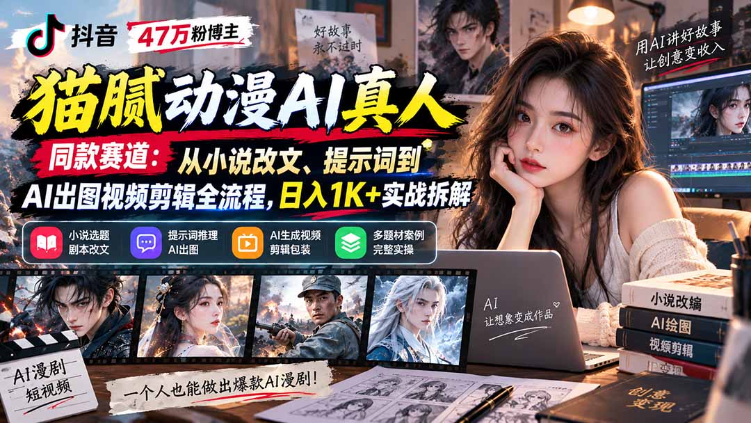 抖音47万粉博主猫腻动漫AI真人同款赛道：从小说改文、提示词到AI出图视频剪辑全流程，日入1K+实战拆解-云网创