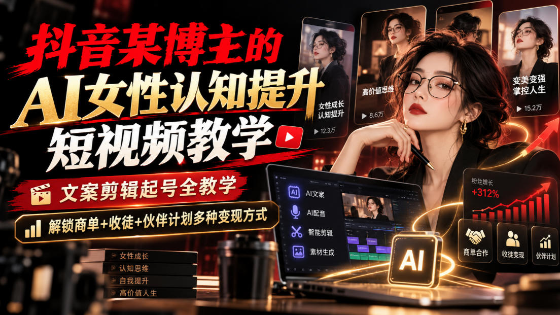 抖音某博主的Ai女性认知提升短视频教学，文案剪辑起号全教学，解锁商单+收徒+伙伴计划多种变现方式-优集云网创